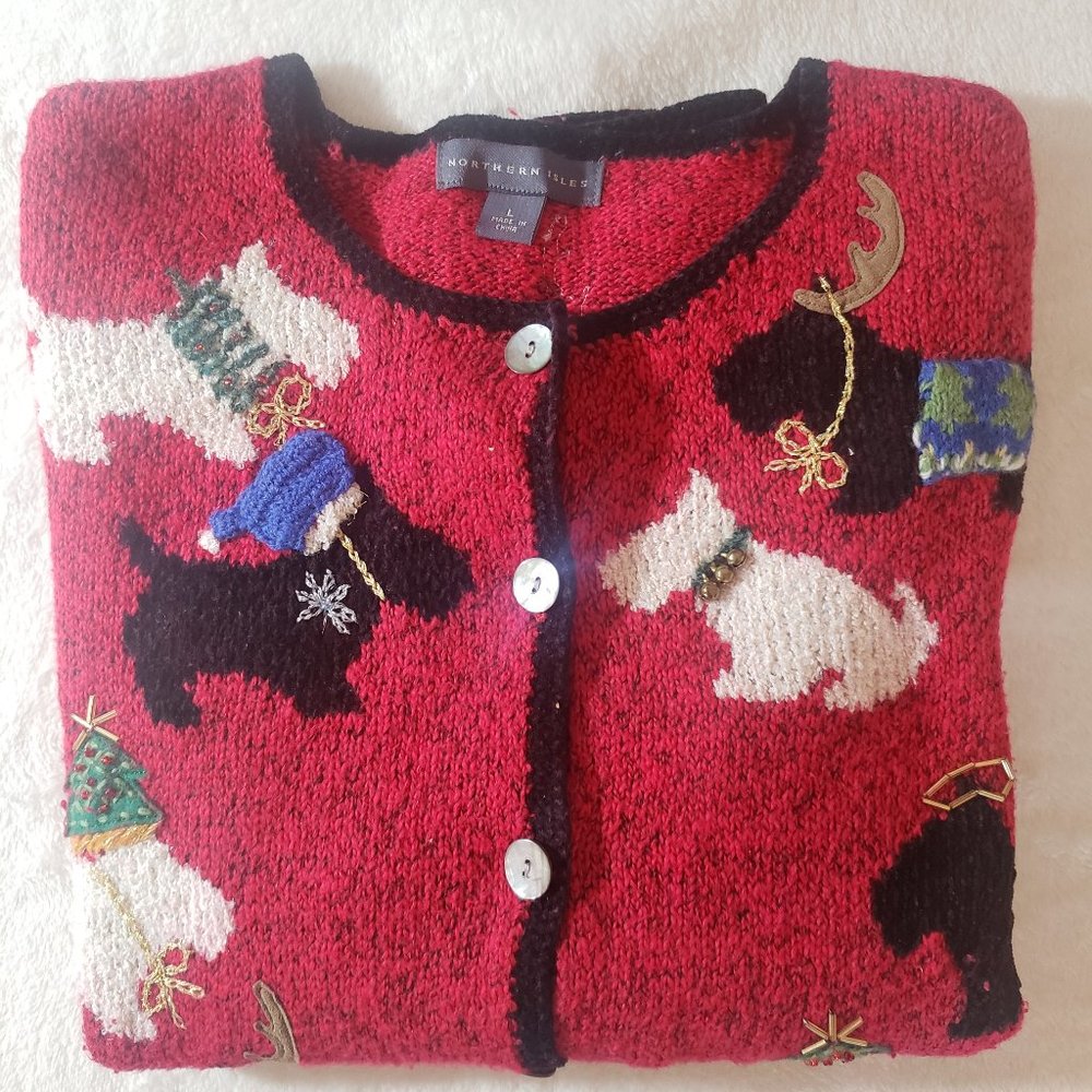 Northern Isles Scottie Dog Cardigan Sweater, Large